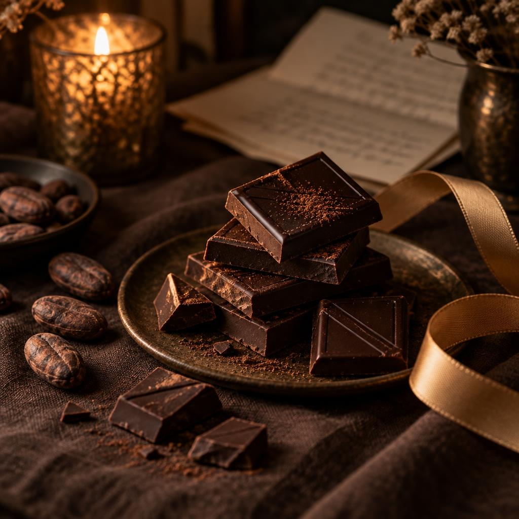Chocolate artesanal, carta e fita dourada à luz de velas